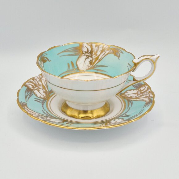Royal Stafford Turquoise & Gold Acanthus Leaves Tea Cup & Saucer Bone China UK - Picture 13 of 13